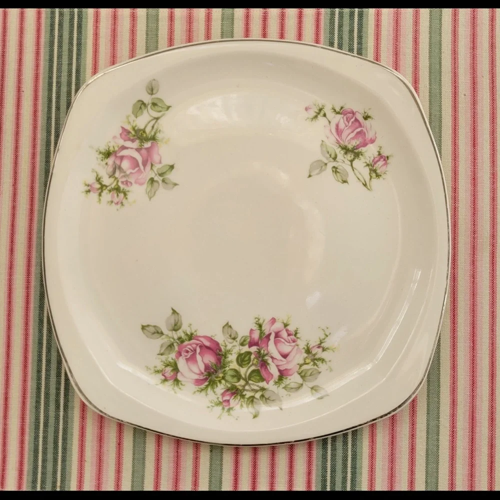 PADEN CITY Pottery Square Salad Plates Mid Century Rose Floral Gold Trim set 3